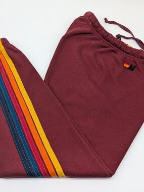 Aviator Nation Maroon Joggers with 5 Rainbow Side Stripes Small